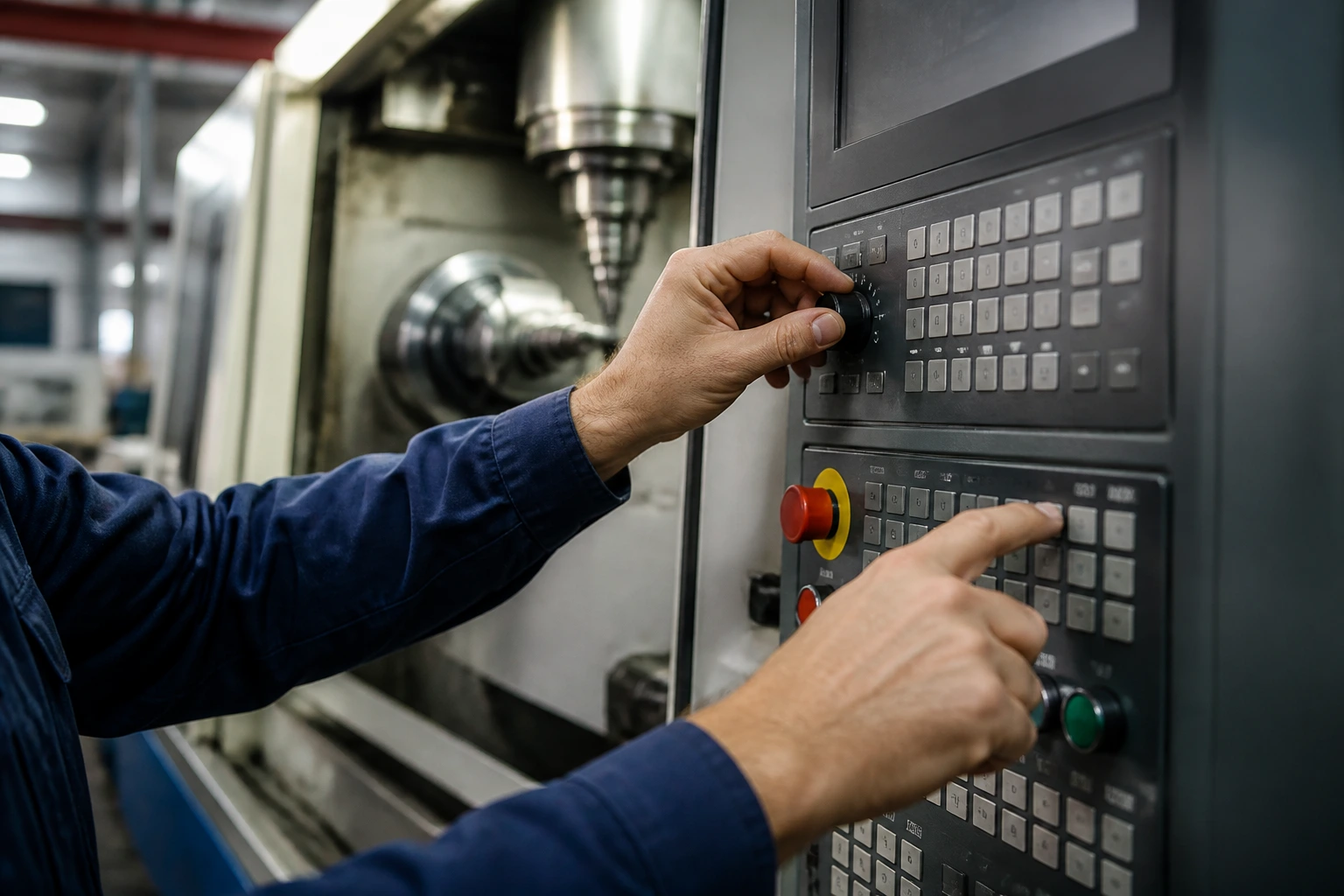 Maintenance technician actively working on CNC machine