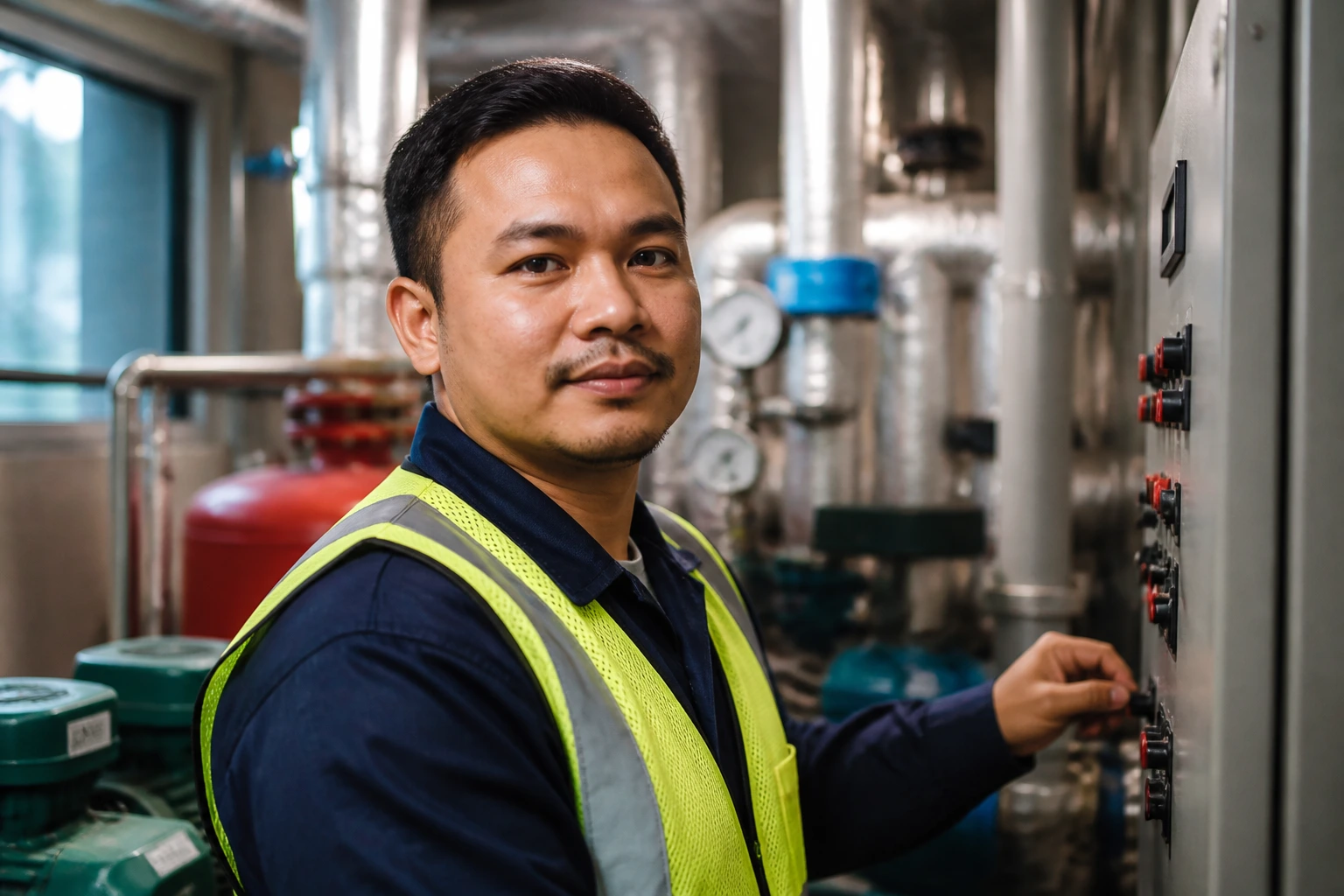 Medium close-up of a maintenance worker in uniform in a plant room