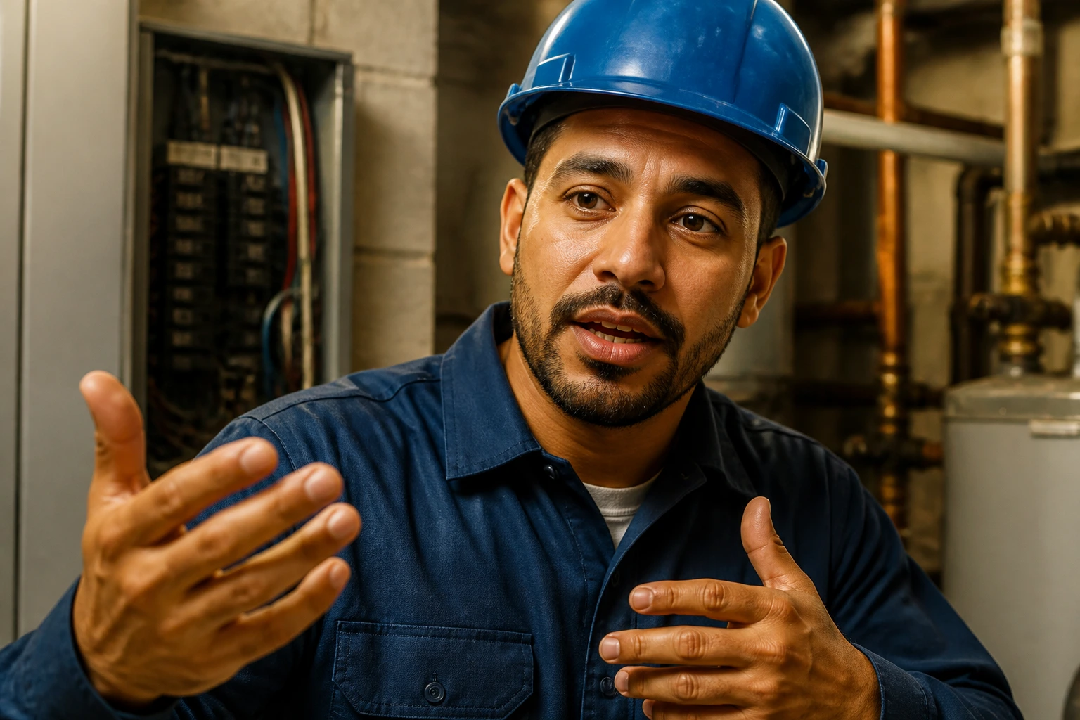 Close-up of a maintenance worker in a mechanical room demonstrating practical job-site English readiness.