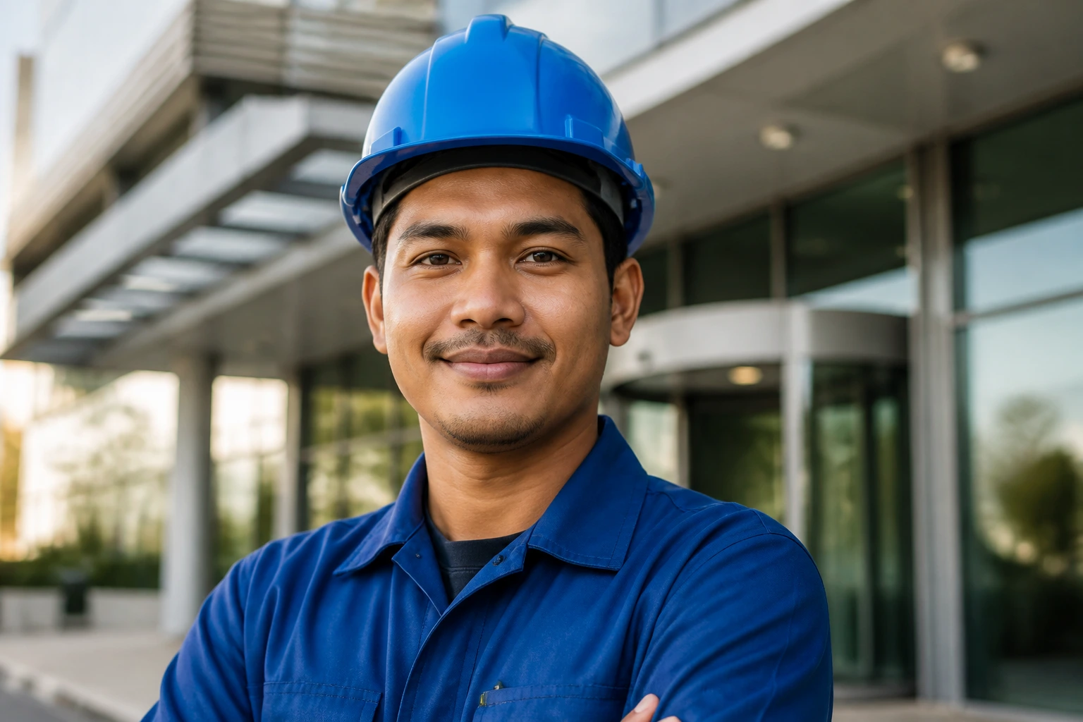 Close-up portrait of a diverse building maintenance technician in uniform in front of a modern building entrance