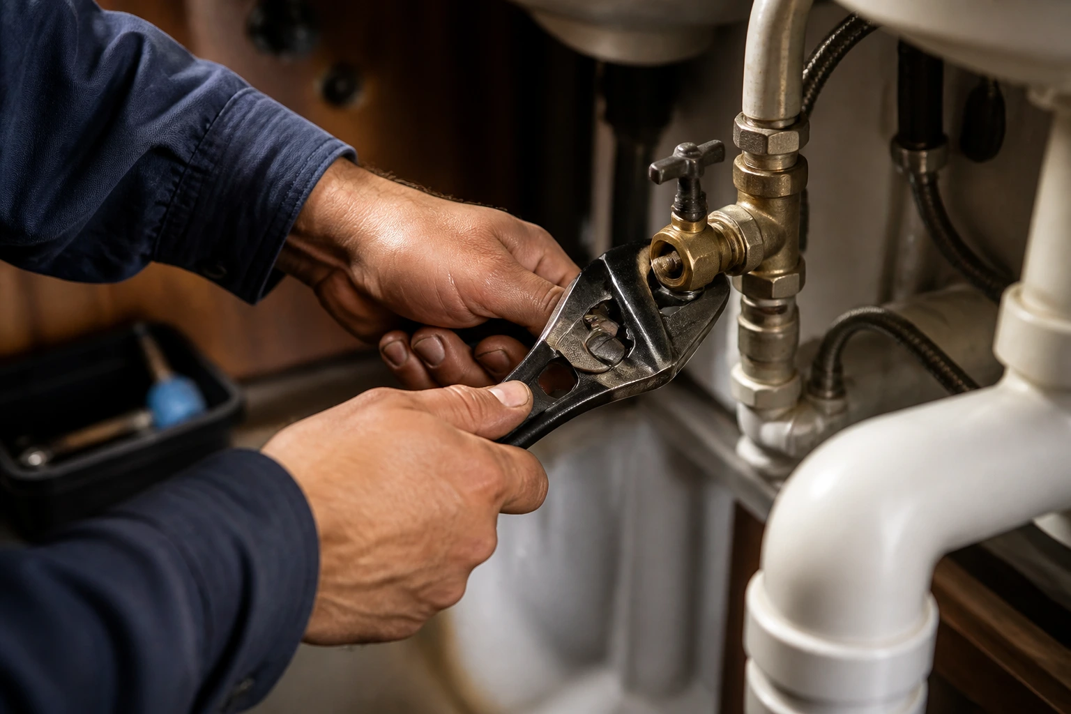 Close-up of hands tightening a valve with a wrench in a maintenance space