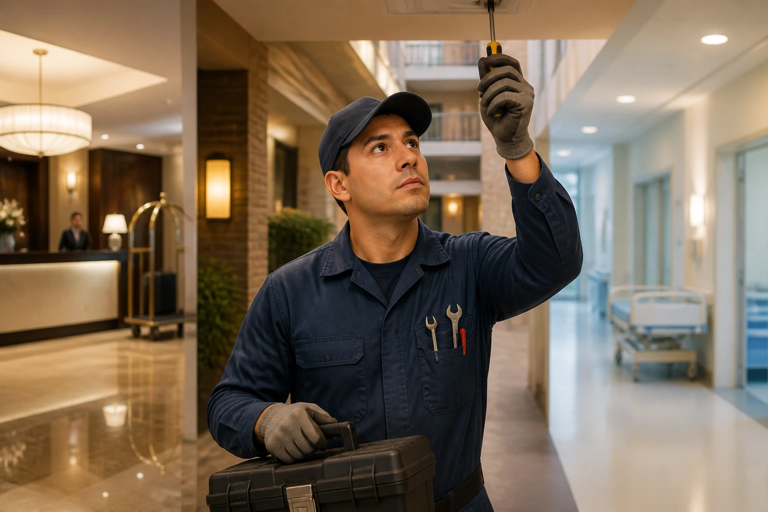 Maintenance technician standing in a modern corridor suggesting hotels and apartment buildings