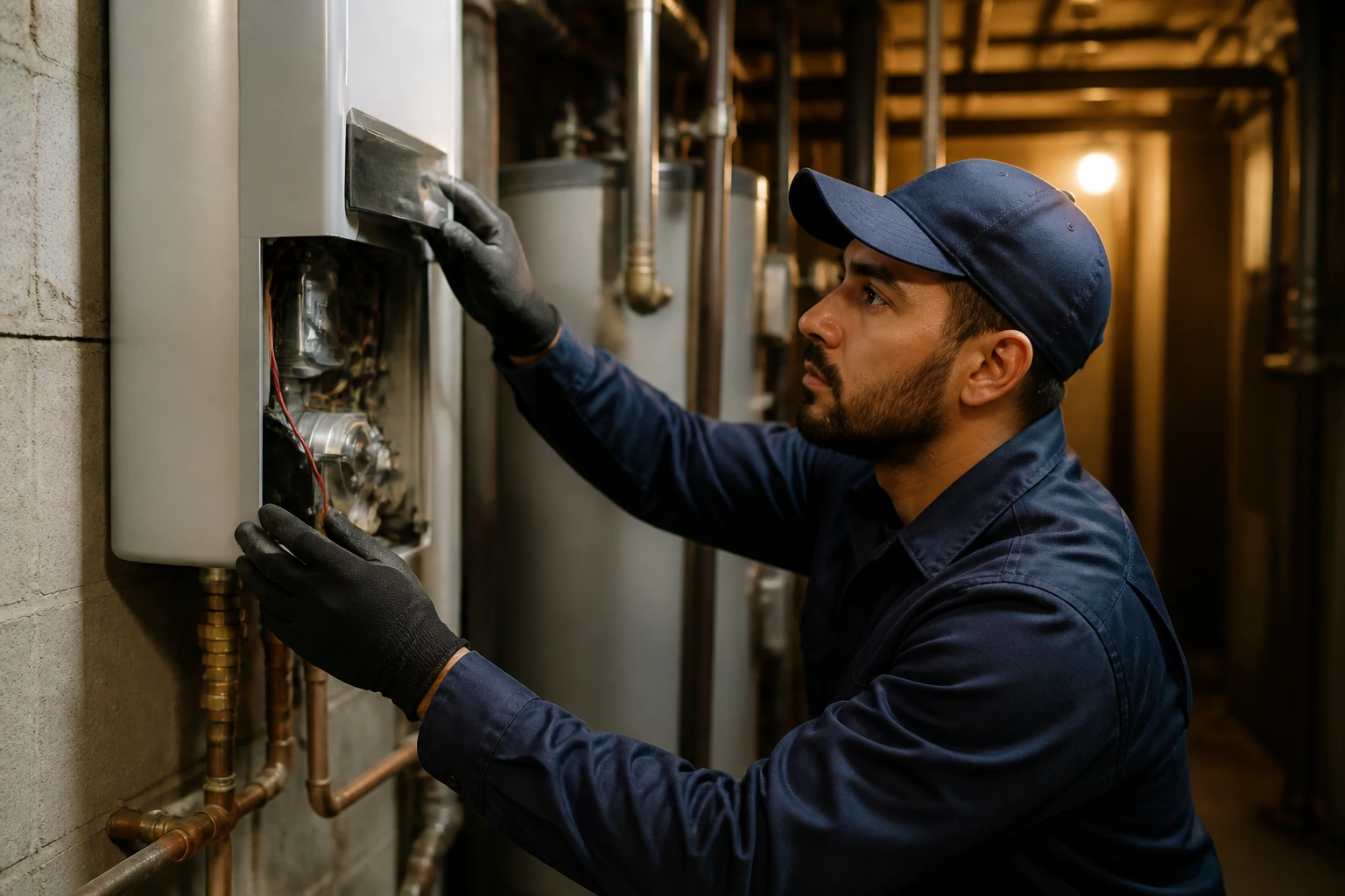 Close-up of a building maintenance technician inspecting a water heater panel in a mechanical room