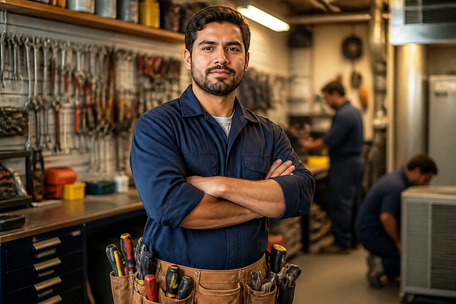 Maintenance technician in a busy workshop wearing a multi-tool belt