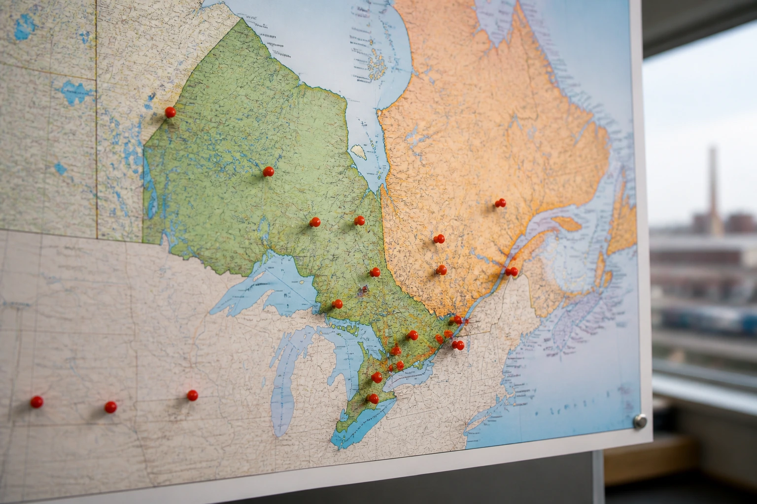 Unlabeled map highlighting Ontario and Quebec with pins marking factory towns in a planning office