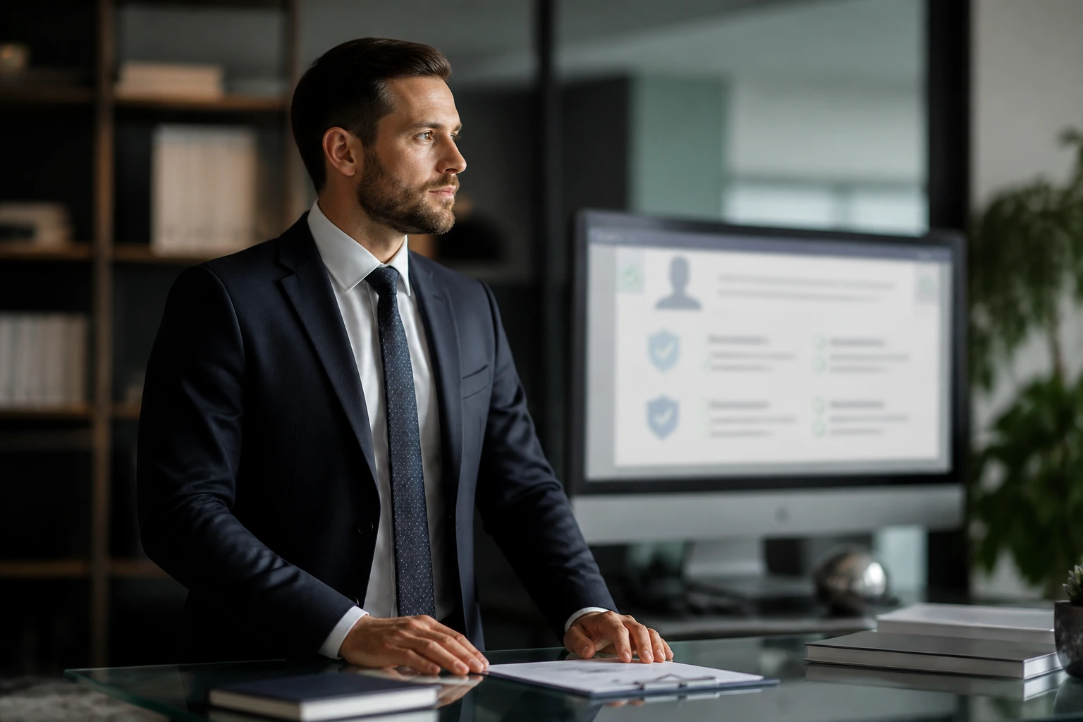Professional checking regulatory registration in a modern office setting