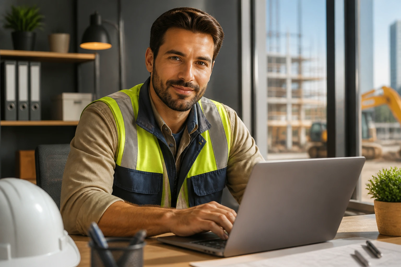 Skilled tradesperson at a desk with a laptop, ready to discuss sponsorship