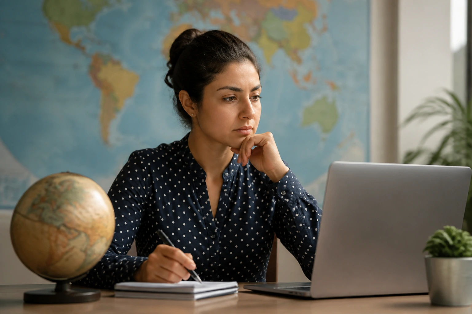 Portrait of a person at a desk with a laptop and a blurred world map backdrop