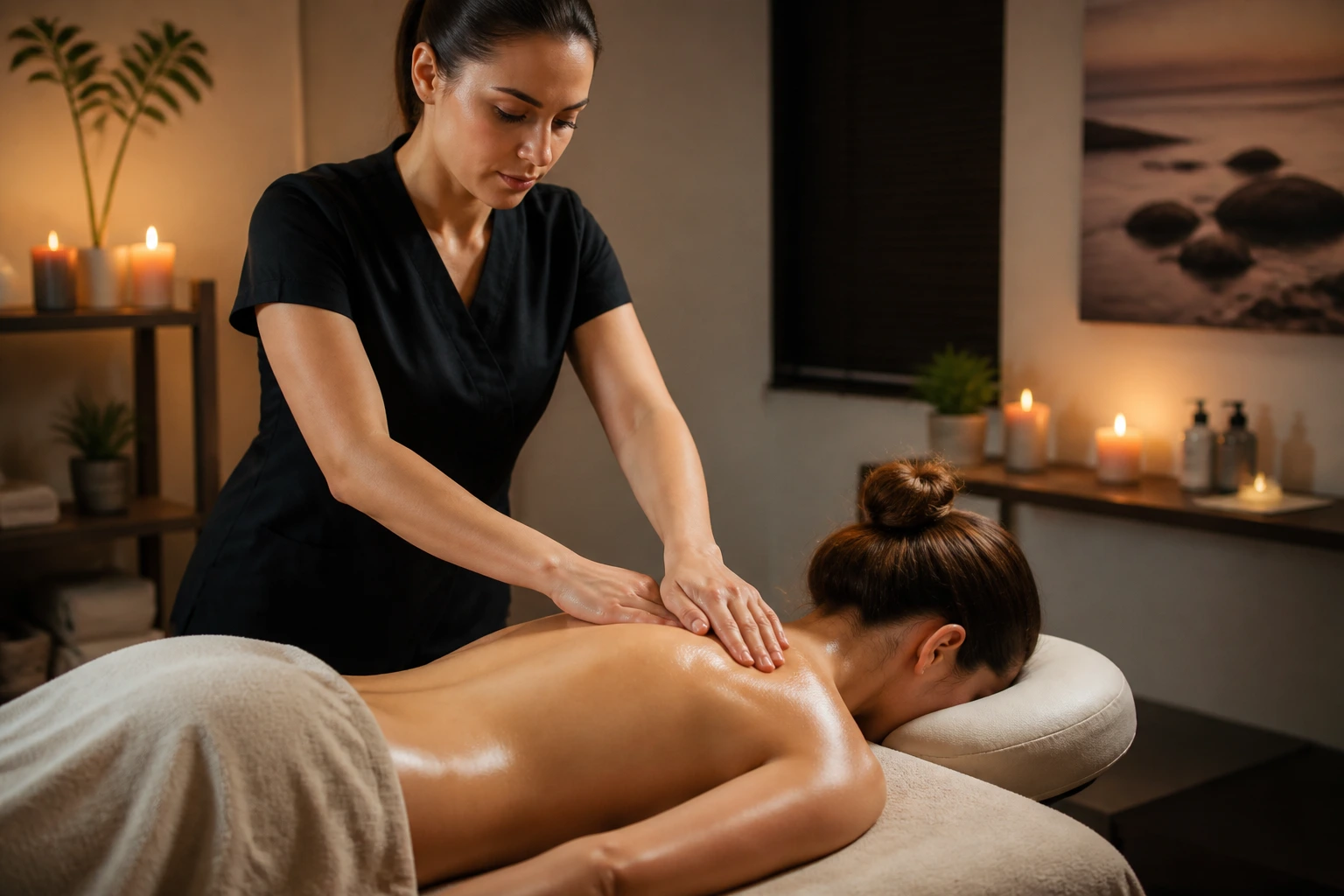 Therapist giving back massage in treatment room during practical audition