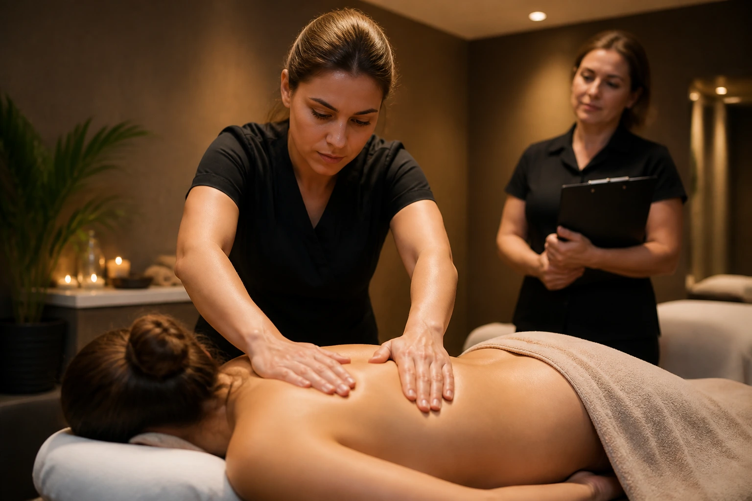 Candidate performing massage technique during interview with supervisor watching