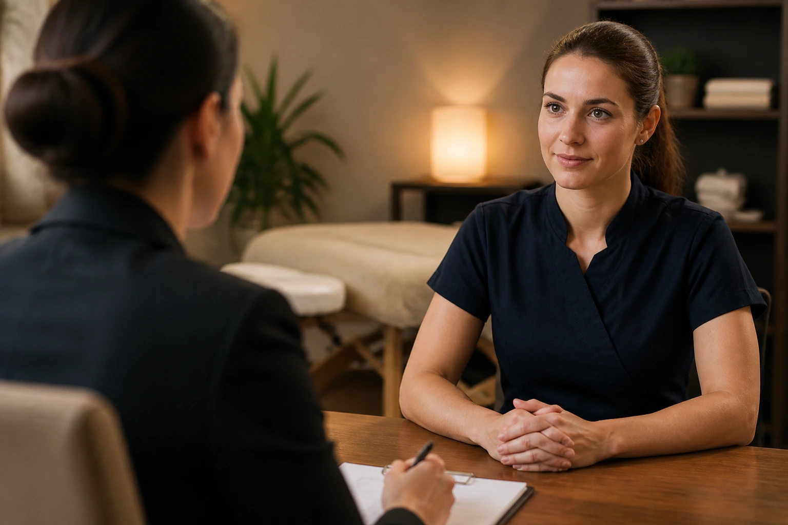 Close-up portrait of a massage therapy job candidate during an interview, no text visible