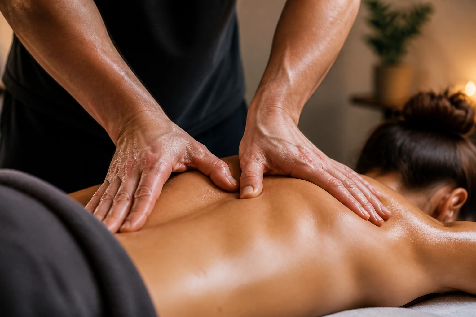 Close-up of a massage therapist's hands applying deep-tissue pressure on a client's back in a clinic.