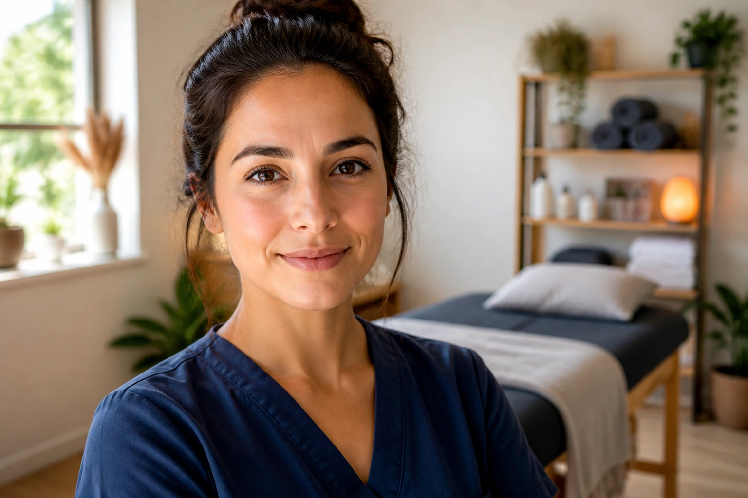 Close-up portrait of a massage therapist in a clinical setting, suggesting sponsorship-ready roles