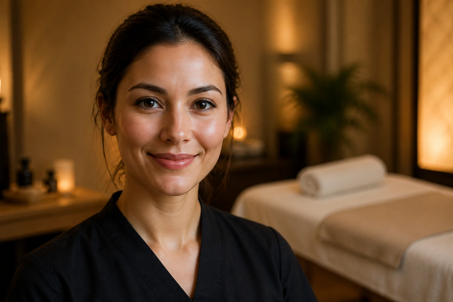 Close-up portrait of a massage therapist in a serene spa room
