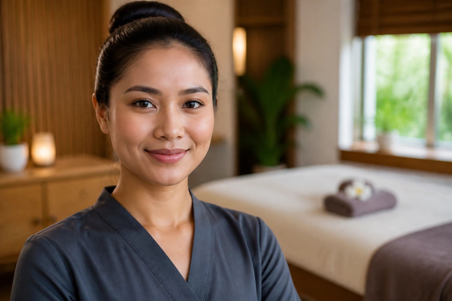 Close-up portrait of a professional massage therapist ready for first shift in spa setting