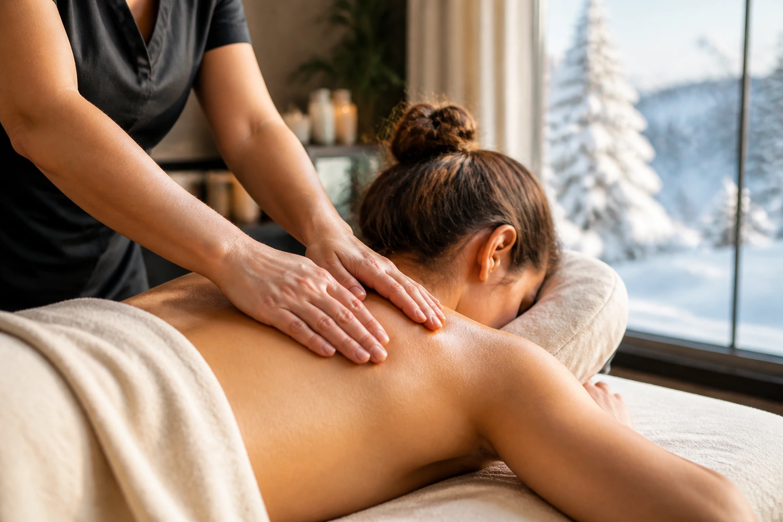 Close-up of a massage therapist's hands on a client's shoulders in a clinic with a snowy window view