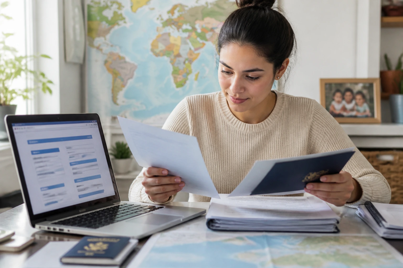 Individual reviewing matching documents and visa forms at home desk