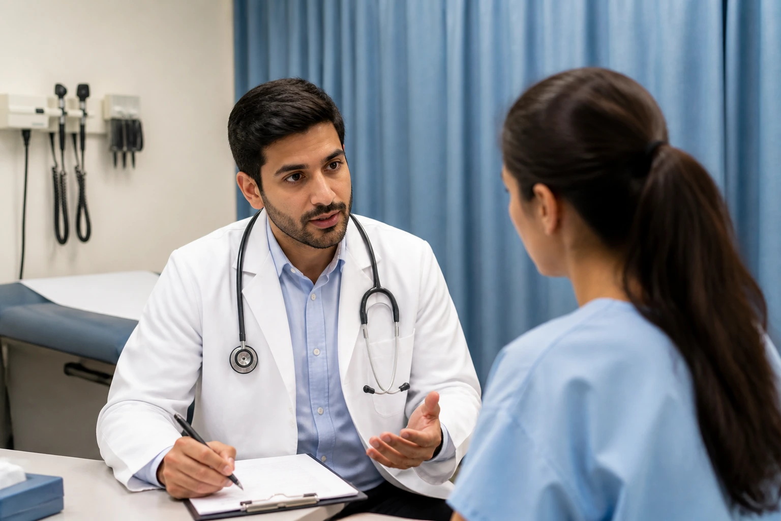 Physician at an OSCE exam station with patient actor