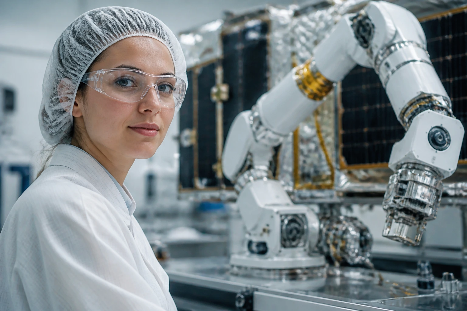 Engineer in a cleanroom at a space robotics lab