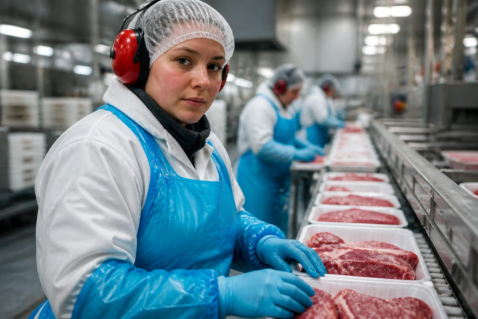 Worker on a meat packing line wearing PPE in a cold factory floor