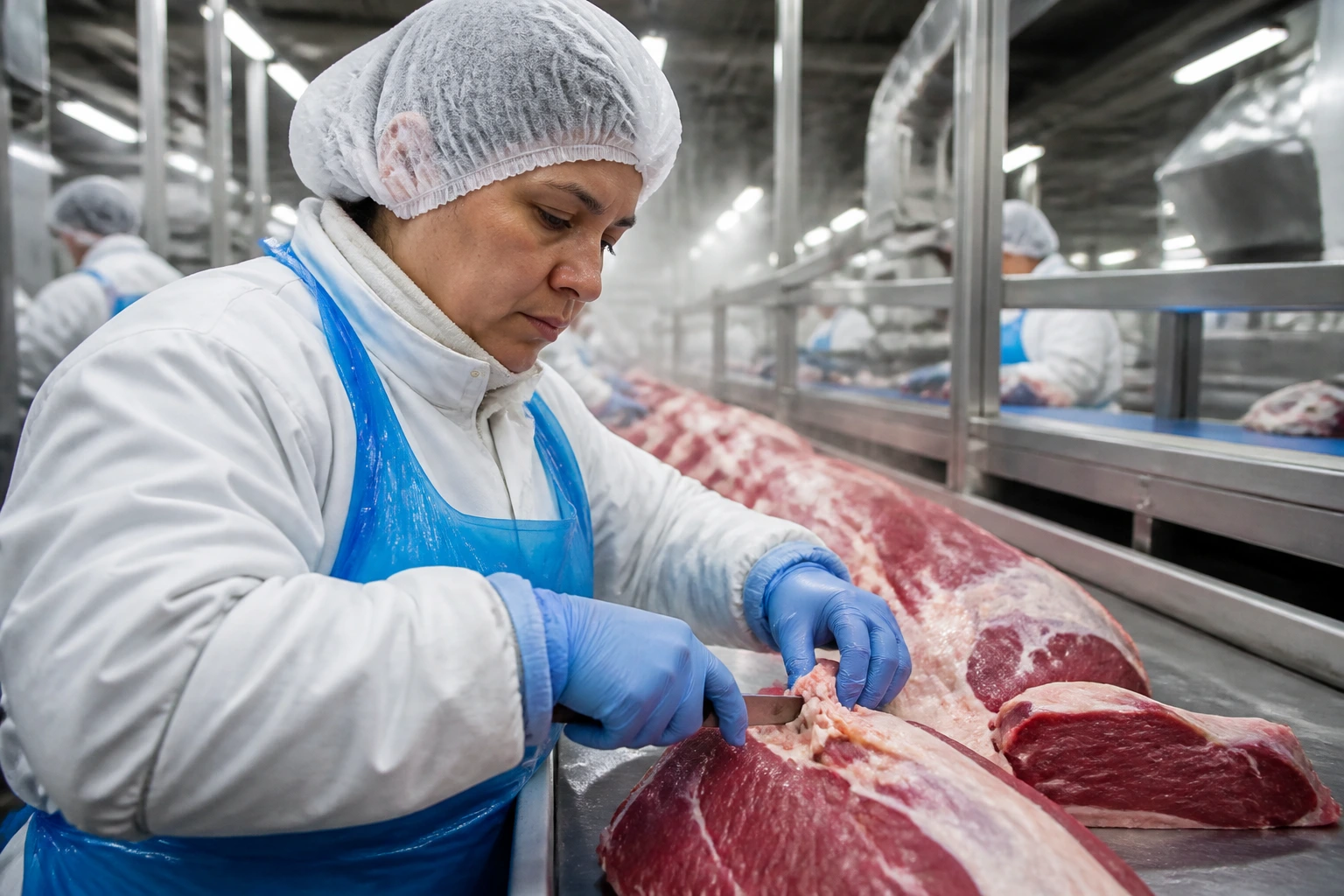 Real worker on a meat packing floor in PPE on a production line.