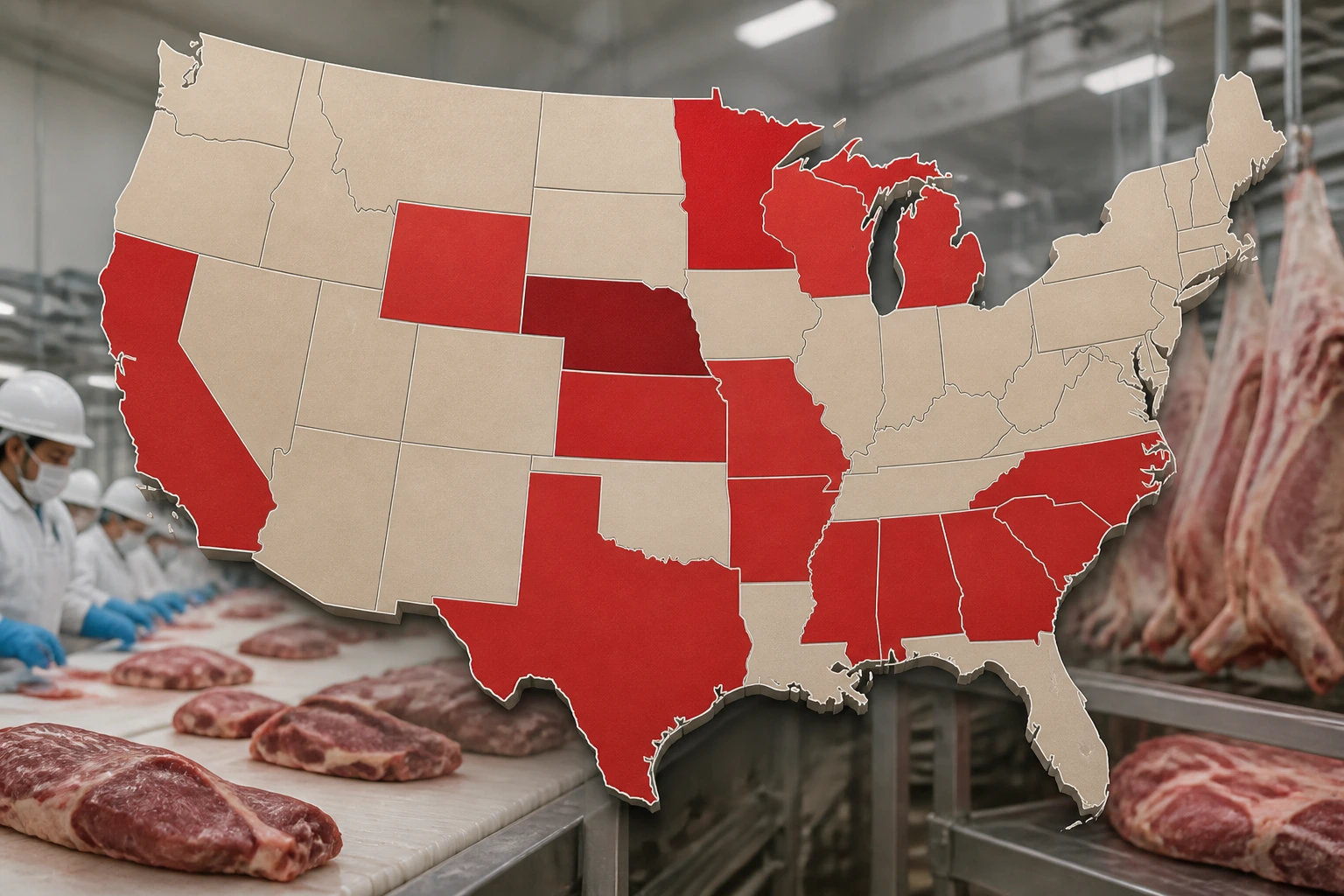 Map of the United States highlighting meat packing sponsorship regions
