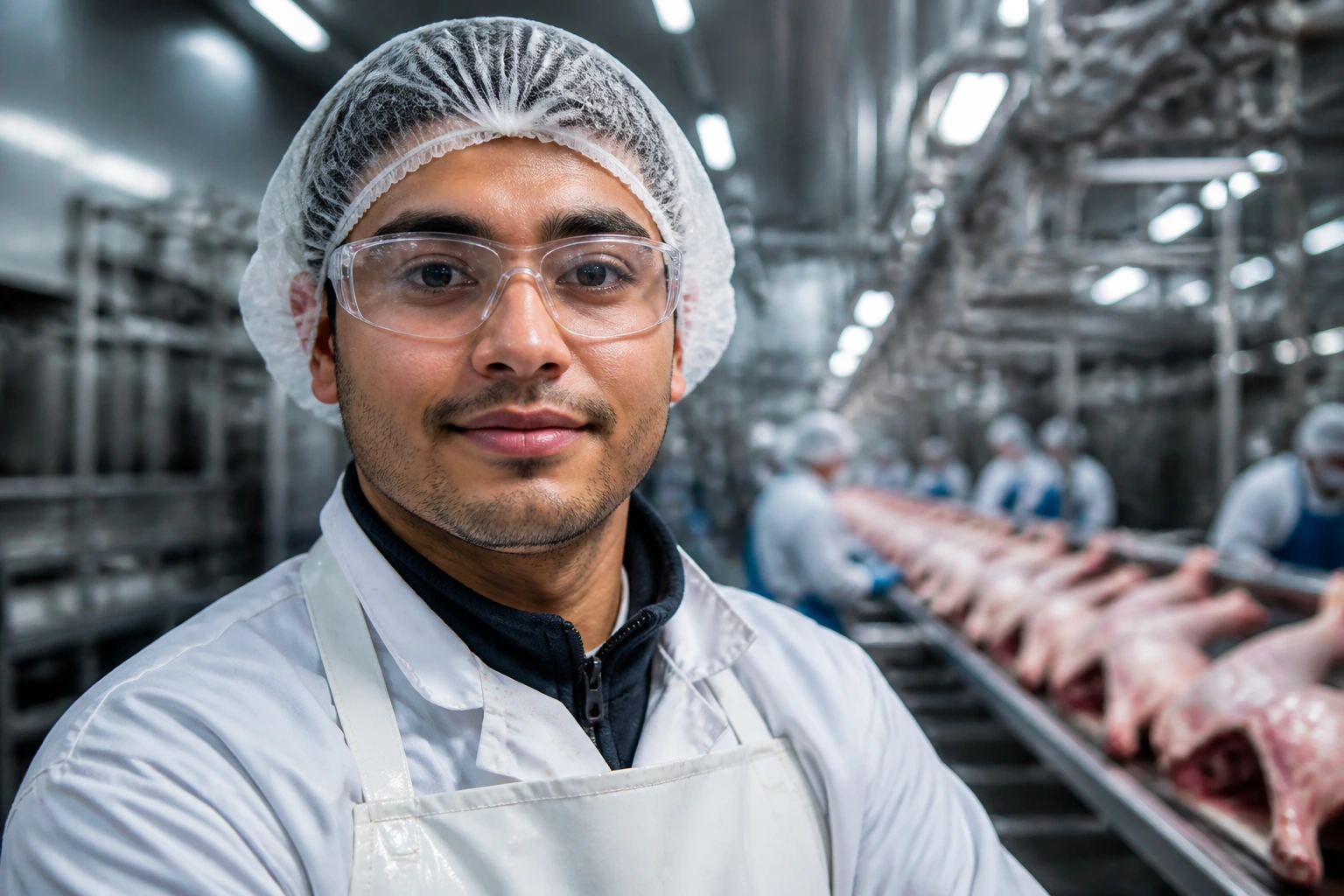 Portrait of a meat processing worker in PPE in a cold Australian plant