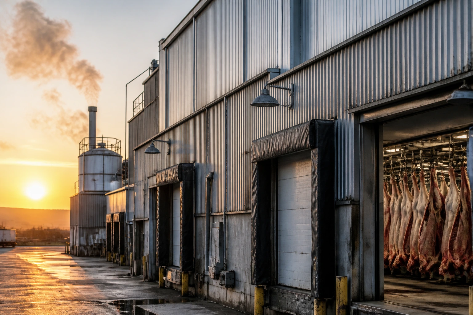 Close-up exterior of a large U.S. meat processing plant in a rural setting at dawn.