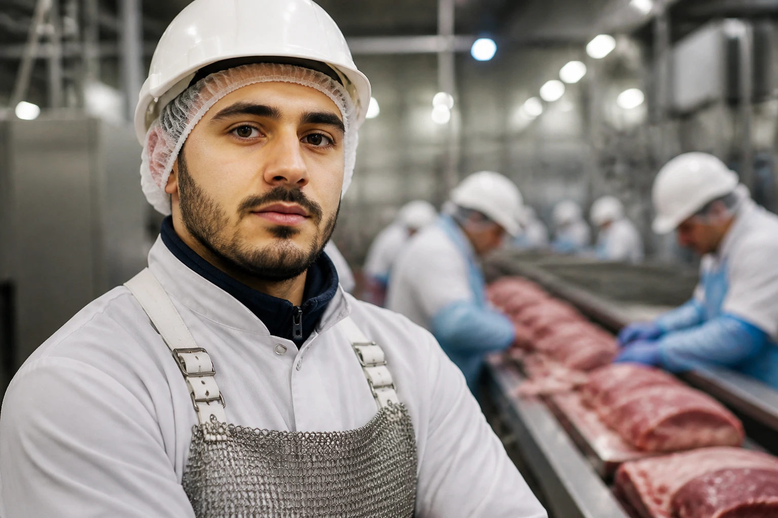Worker in safety gear contemplating career progression in a meat plant