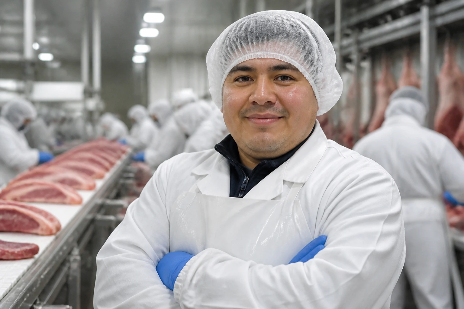 Medium close-up of a meat plant worker in PPE on the production floor