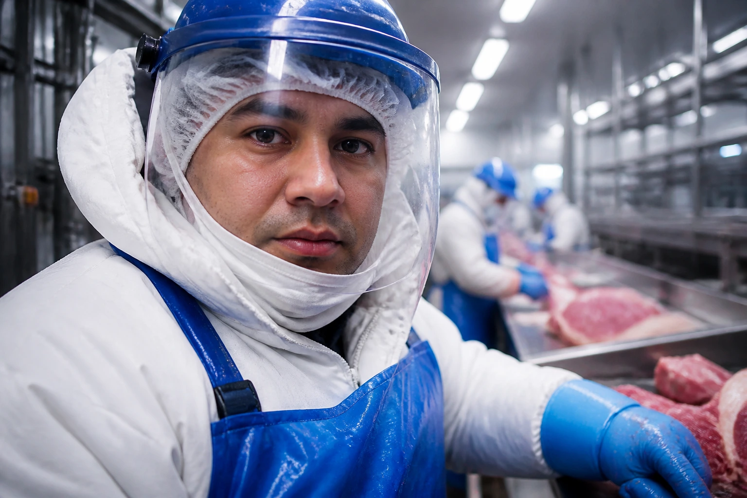 Meat processing worker in cold-room PPE in a plant