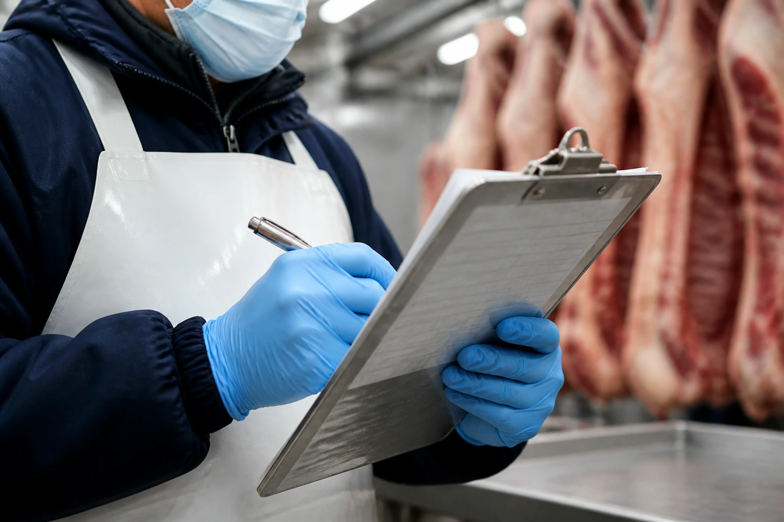 Close-up of gloved hands and clipboard in a cold meat processing plant, representing skills and documents for Australian employers