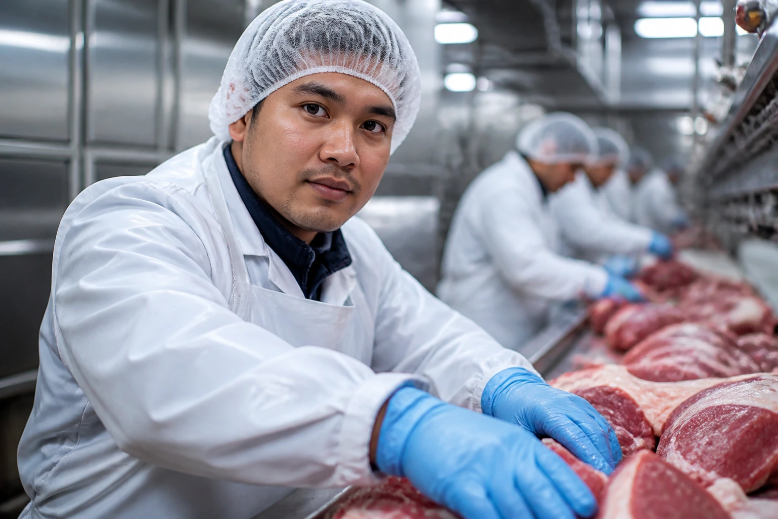 Meat plant worker in PPE inside a processing facility