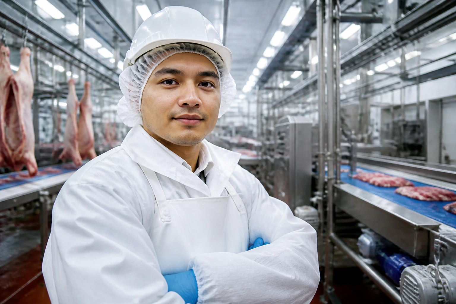 Meat plant worker in PPE in a large factory