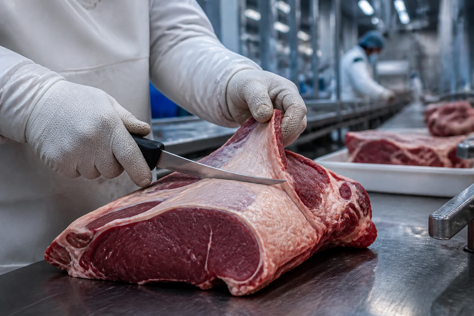 Close-up of meat cutter hands deboning beef at a stainless steel station in an industrial facility