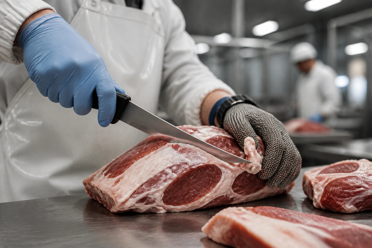 Close-up of a skilled meat cutter's hands deboning at a stainless steel station