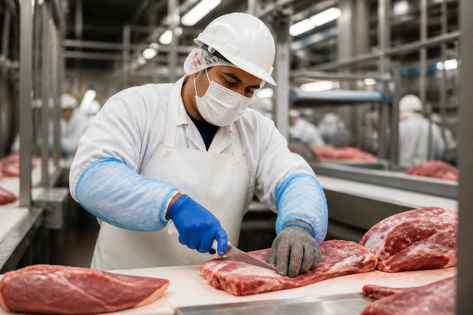 Medium close-up of a meat plant worker performing a task on the production line.