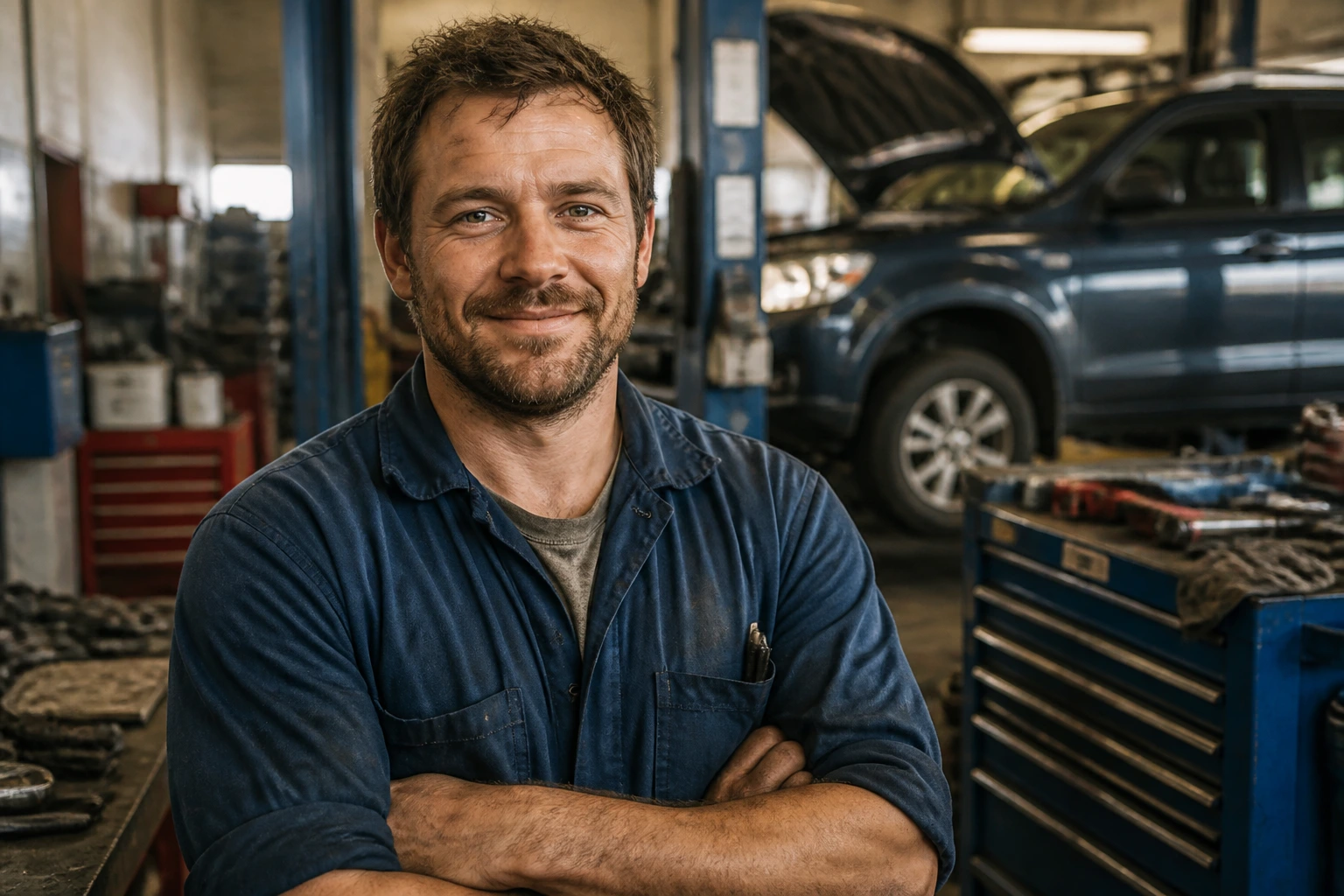 Portrait of a mechanic in a garage with warm lighting