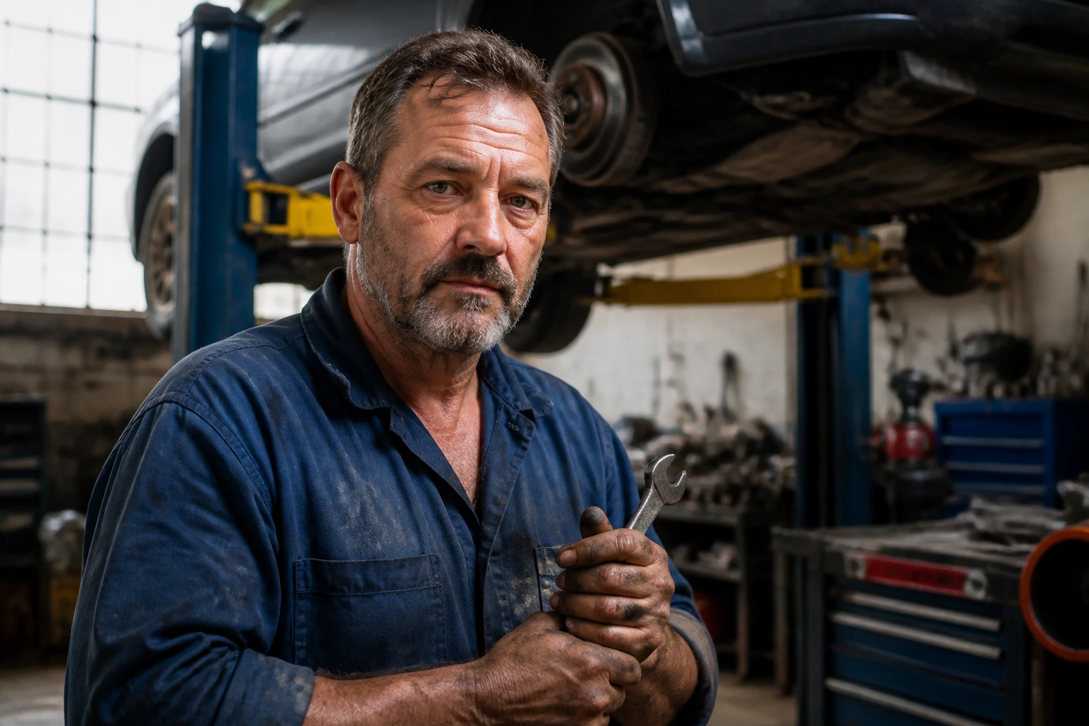 Close-up of a seasoned mechanic in a busy Australian workshop