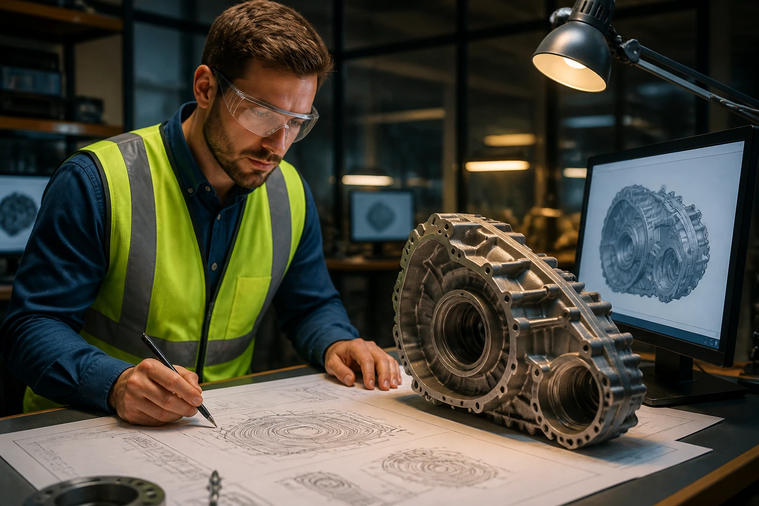 Portrait of a mechanical design engineer in a design studio with a 3D model