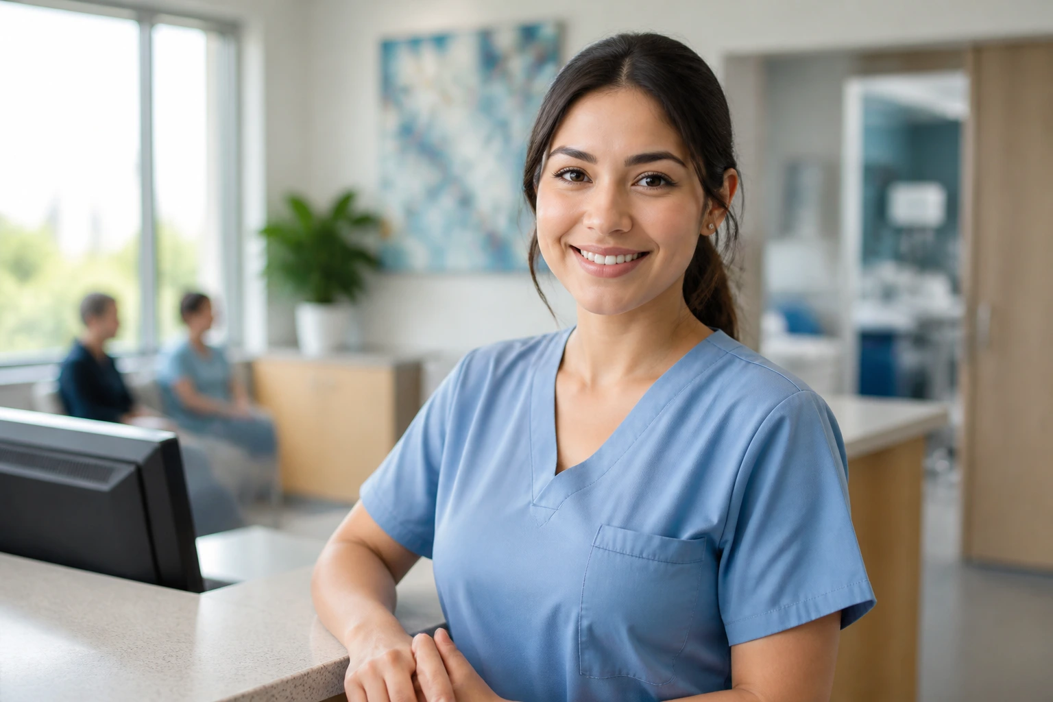 Close-up portrait of a real female medical assistant at a clinic reception, illustrating varied job titles in Australia.