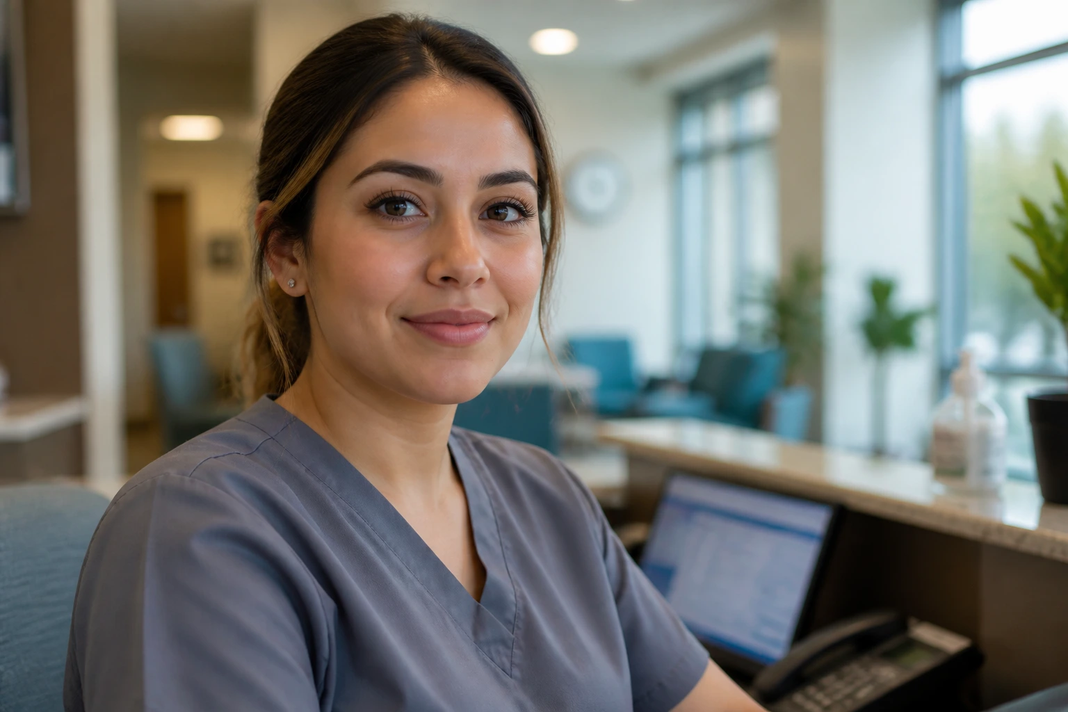 Close-up portrait of a medical assistant in a clinic reception area