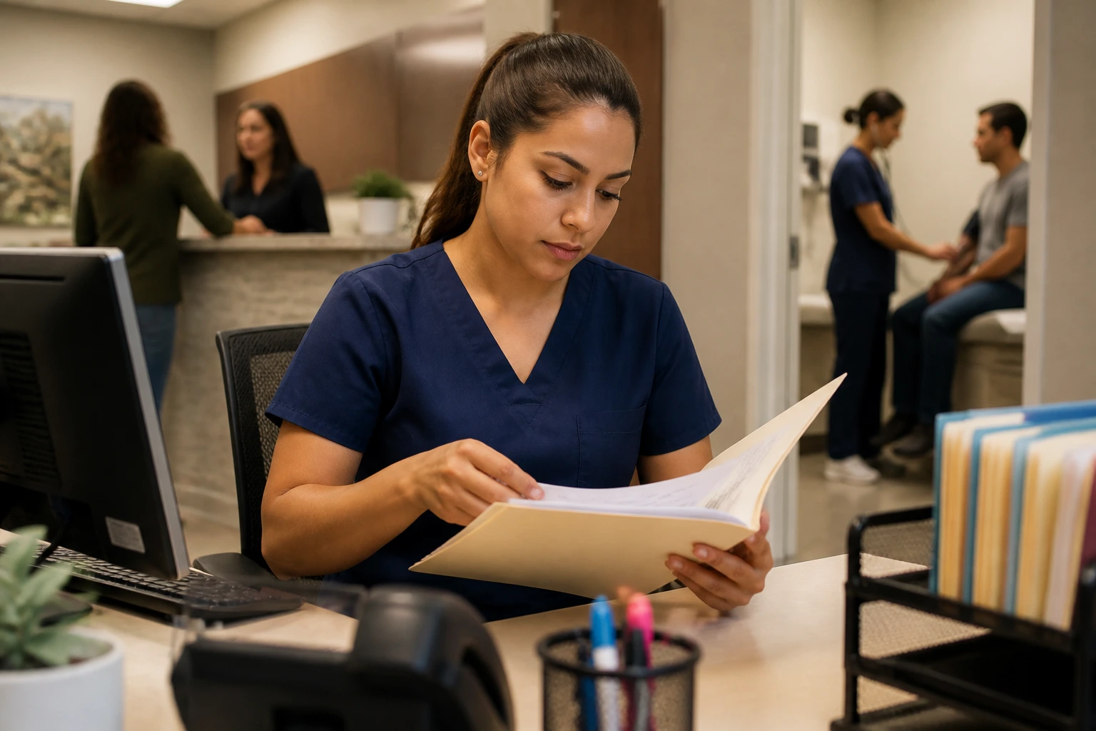 Close-up of a medical assistant at a clinic desk coordinating patient intake