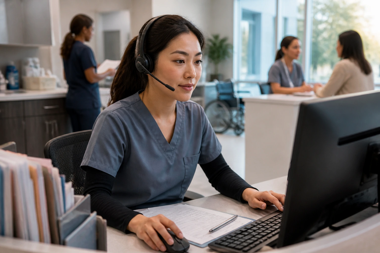 Medical assistant working at a clinic desk with computer
