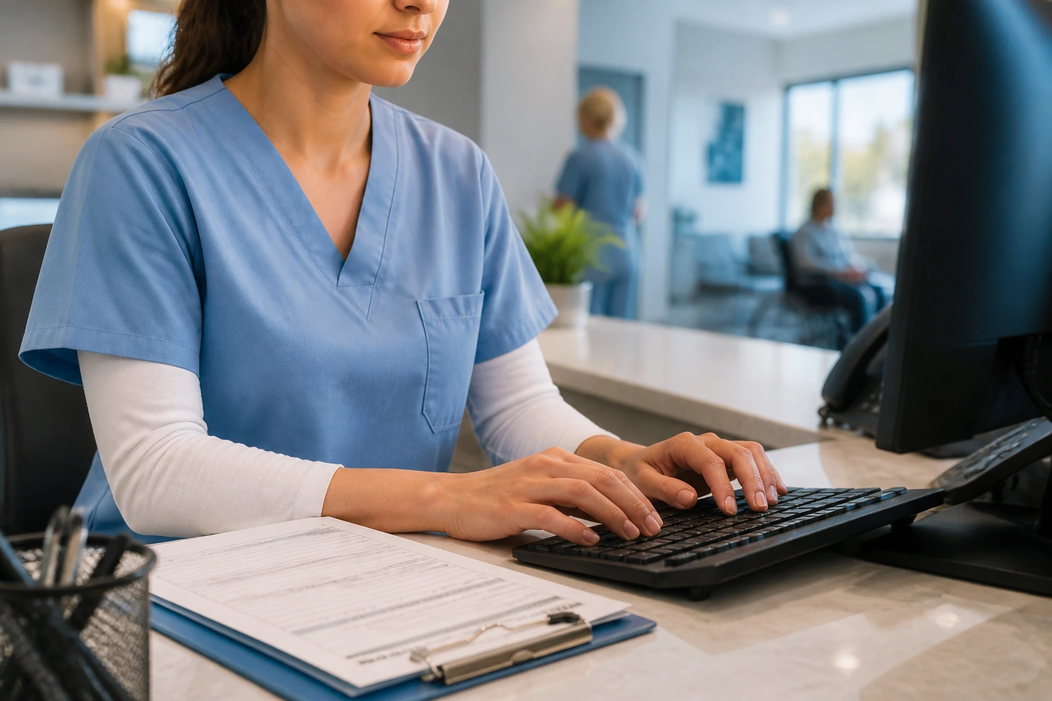 Close-up of a medical assistant at a clinic front desk.