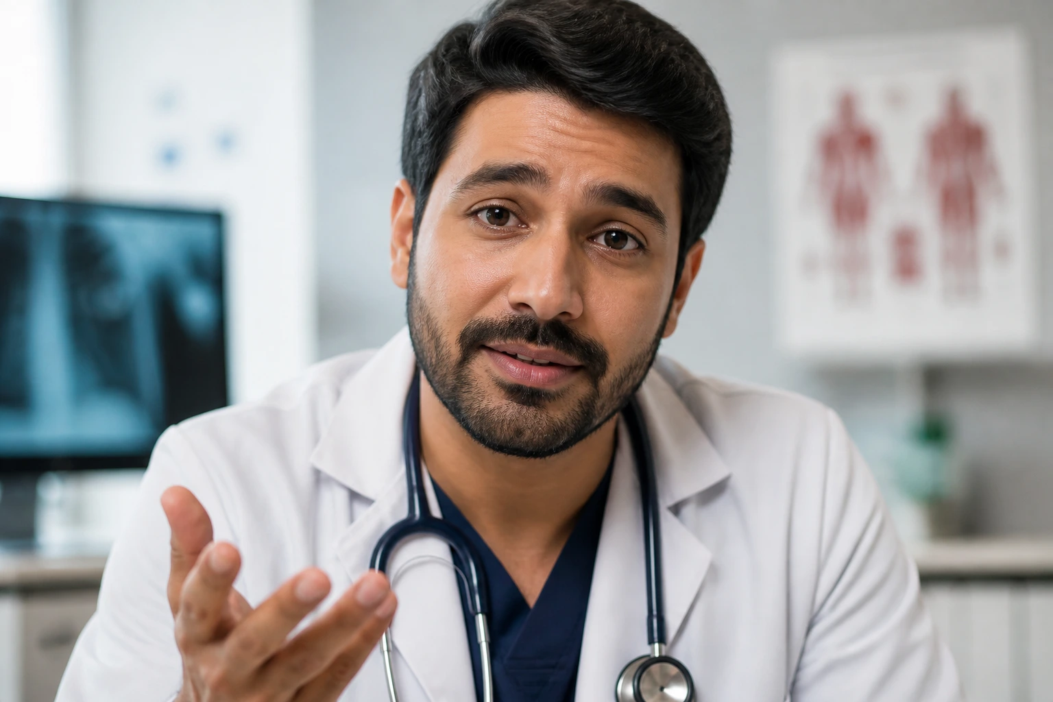 Doctor in clinic demonstrates medical communication and empathy