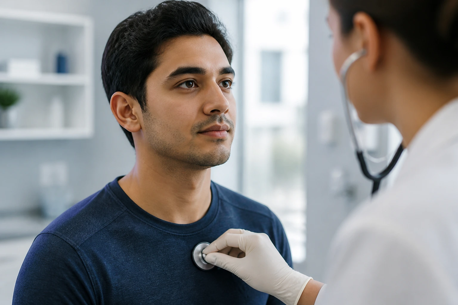 Portrait of applicant in clinic setting highlighting medical exams and background checks