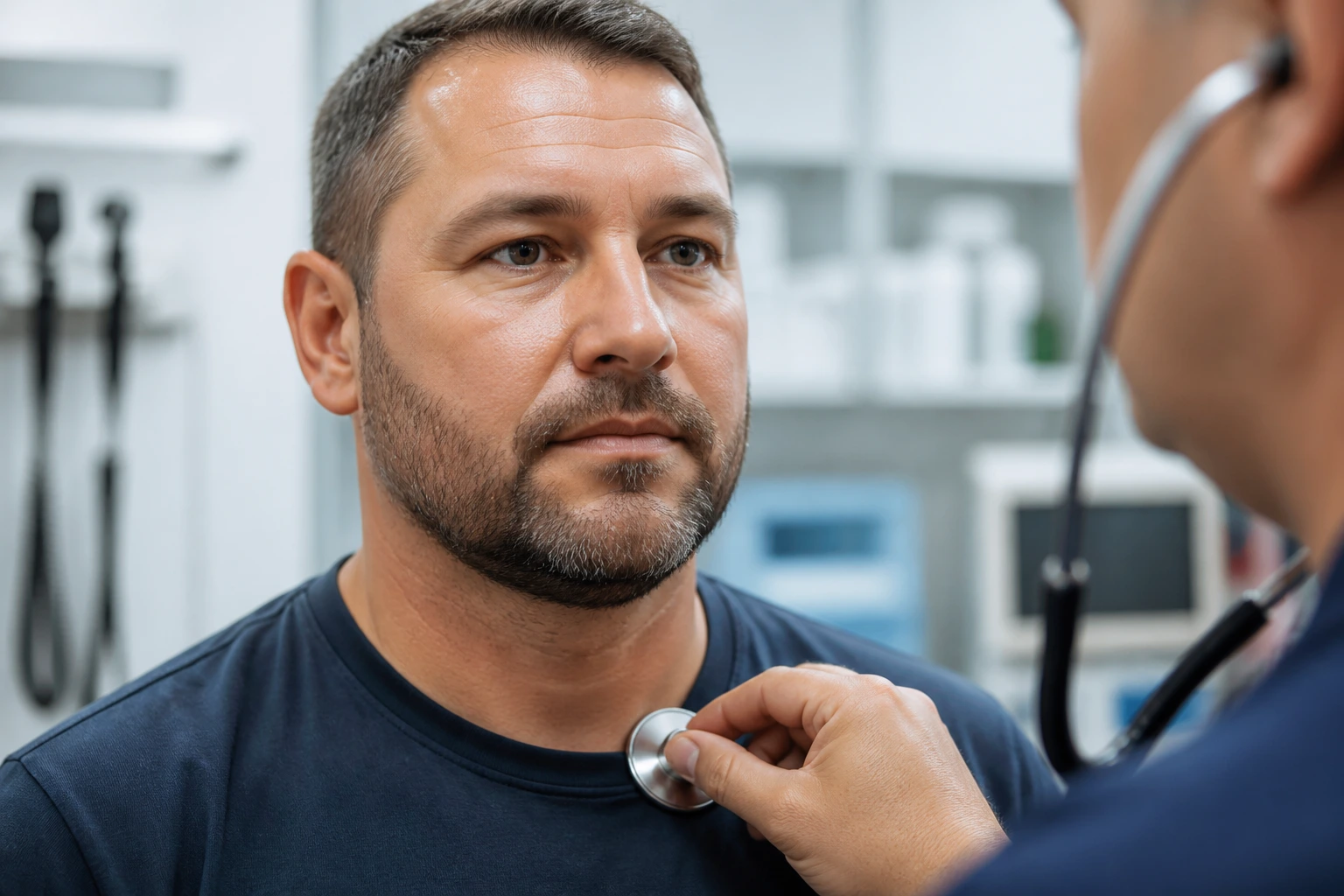Close-up portrait of a truck driver candidate during a medical exam in a clinic