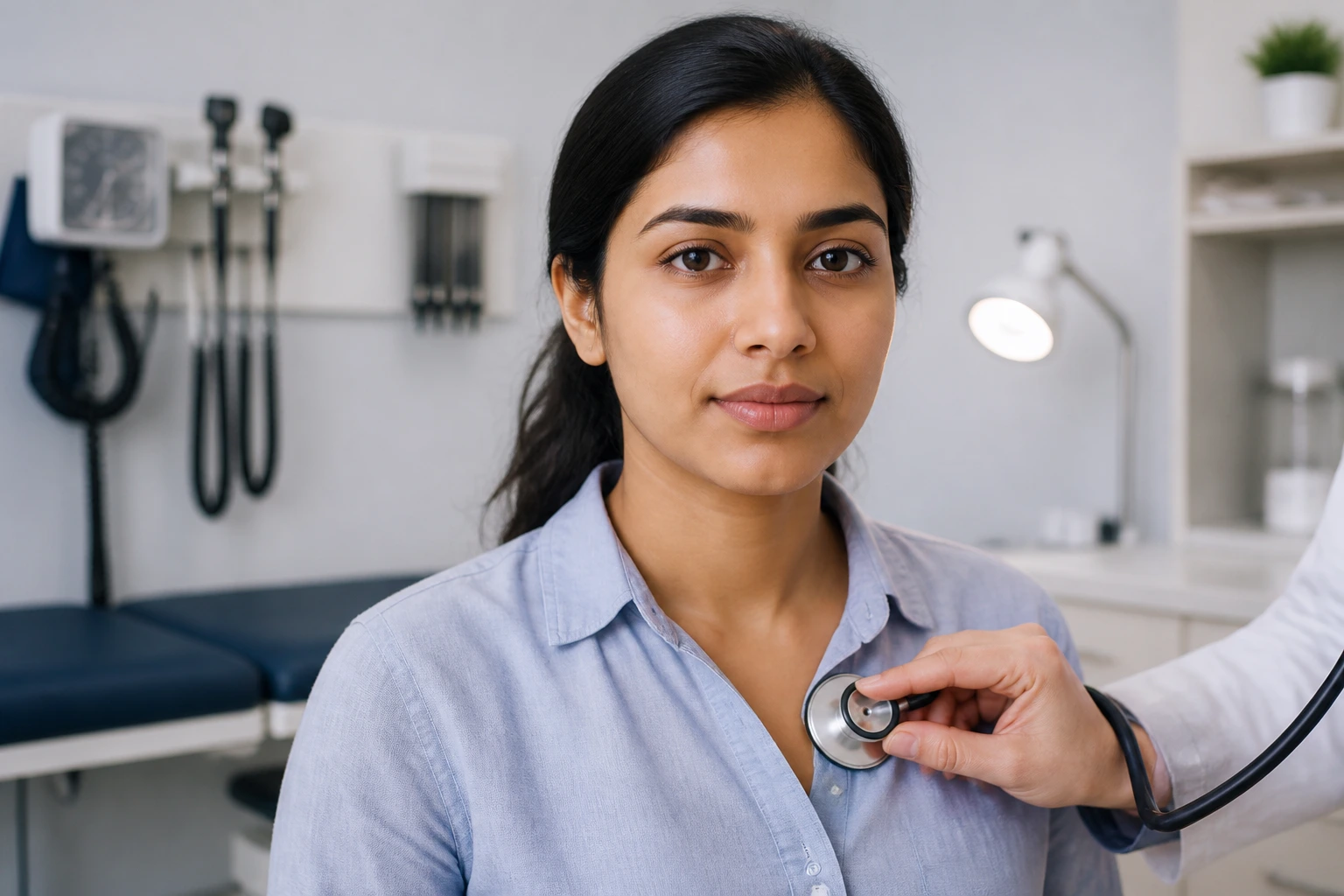 Portrait of a person in a clinic exam room reflecting on medical exams and certificates