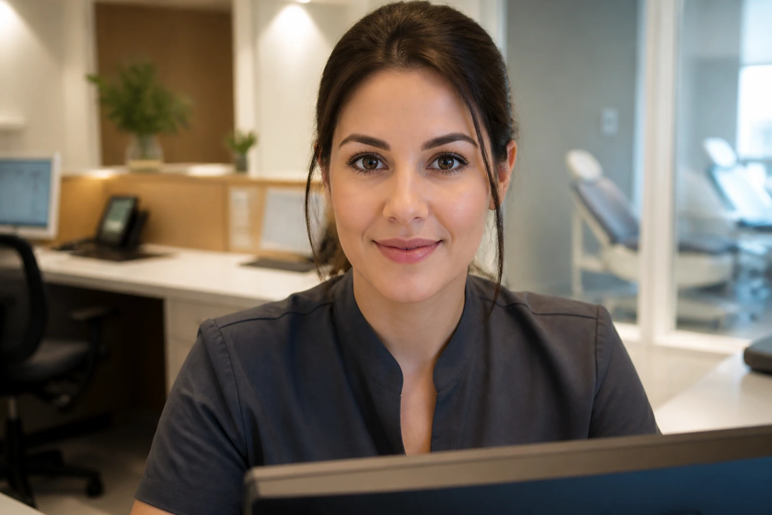 Medical receptionist at clinic front desk